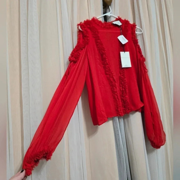NWT ALEXIS Belicia Sheer Organza Cold Shoulder Top with Ruffled-Trim, 100% Silk - Picture 4 of 15